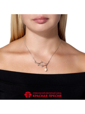 Колье серебро 925 пробы, покрытие - оксидирование, платинирование, вставка - имитация жемчуга