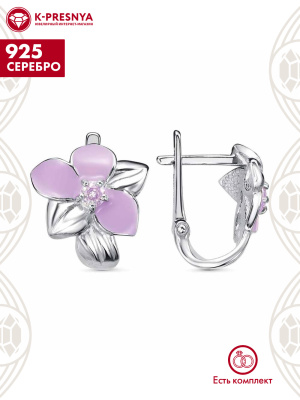 Серьги серебро 925 пробы, покрытие - платинирование, отделка - эмаль, вставка - фианит (недрагоценный камень)