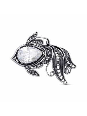 Брошь бижутерия, покрытие - серебрение с оксидированием, вставка - фианит (недрагоценный камень)