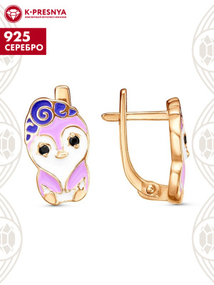 Серьги серебро 925 пробы, покрытие - золочение, отделка - эмаль, вставка - фианит (недрагоценный камень)