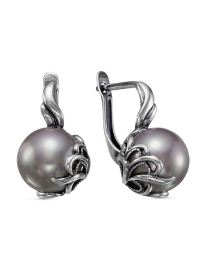 Серьги бижутерия, покрытие - серебрение с оксидированием, вставка - имитация жемчуга