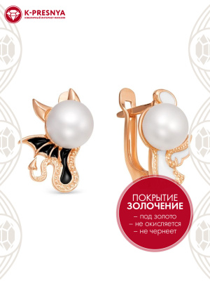 Серьги бижутерия, покрытие - золочение, отделка - эмаль, вставка - культивированный жемчуг