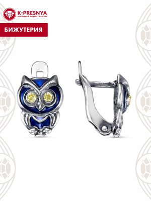 Серьги бижутерия, покрытие - серебрение с оксидированием, отделка - эмаль, вставка - стекло ювелирное preciosa