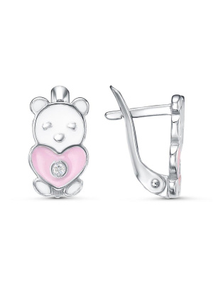 Серьги серебро 925 пробы, покрытие - платинирование, отделка - эмаль, вставка - фианит (недрагоценный камень)