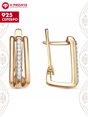 Серьги серебро 925 пробы, покрытие - золочение, выборочное родирование, вставка - фианит (недрагоценный камень)