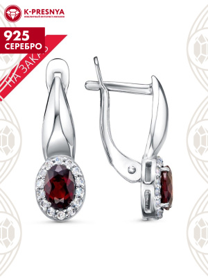 Серьги серебро 925 пробы, покрытие - родирование, вставка - гранат (полудрагоценный камень), фианит (недрагоценный камень)