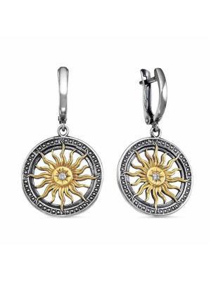 Серьги серебро 925 пробы, покрытие - оксидирование, выборочное золочение, вставка - фианит (недрагоценный камень)