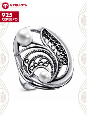 Кольцо серебро 925 пробы, покрытие - оксидирование, вставка - культивированный жемчуг