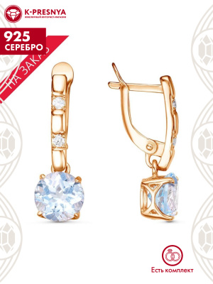 Серьги серебро 925 пробы, покрытие - золочение, вставка - голубой топаз (полудрагоценный камень), фианит (недрагоценный камень)