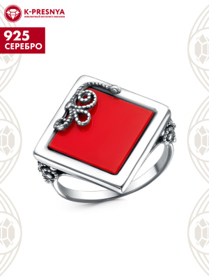 Кольцо серебро 925 пробы, покрытие - оксидирование, вставка - искусственный коралл