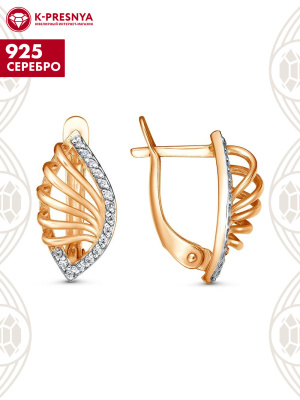 Серьги серебро 925 пробы, покрытие - золочение, выборочное родирование, вставка - фианит (недрагоценный камень)