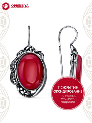 Серьги серебро 925 пробы, покрытие - оксидирование, вставка - искусственный коралл