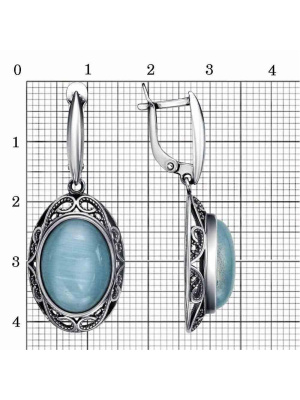Серьги серебро 925 пробы, покрытие - оксидирование, вставка - искусственный кошачий глаз
