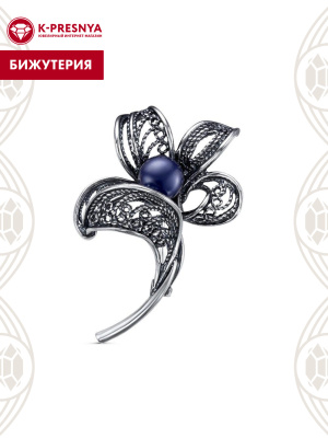 Брошь бижутерия, покрытие - серебрение с оксидированием, вставка - культивированный жемчуг