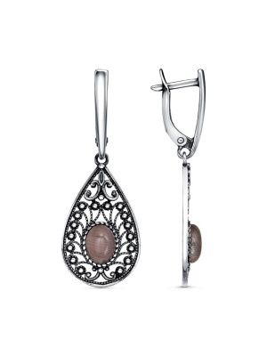 Серьги бижутерия, покрытие - серебрение с оксидированием, вставка - искусственный кошачий глаз