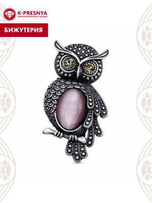 Брошь бижутерия, покрытие - серебрение с оксидированием, вставка - искусственный кошачий глаз , стекло ювелирное preciosa