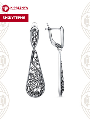 Серьги бижутерия, покрытие - серебрение с оксидированием, без вставок