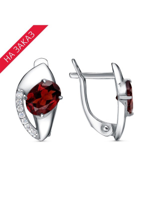 Серьги серебро 925 пробы, покрытие - платинирование, вставка - гранат (полудрагоценный камень), фианит (недрагоценный камень)