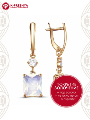 Серьги серебро 925 пробы, покрытие - золочение, вставка - стекло ювелирное собственной огранки, фианит (недрагоценный камень)