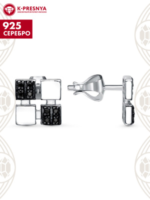 Серьги серебро 925 пробы, покрытие - родирование, выборочное черное родирование, вставка - фианит (недрагоценный камень)
