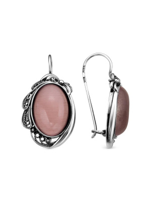 Серьги серебро 925 пробы, покрытие - оксидирование, вставка - искусственный кошачий глаз