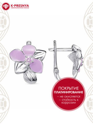 Серьги серебро 925 пробы, покрытие - платинирование, отделка - эмаль, вставка - фианит (недрагоценный камень)