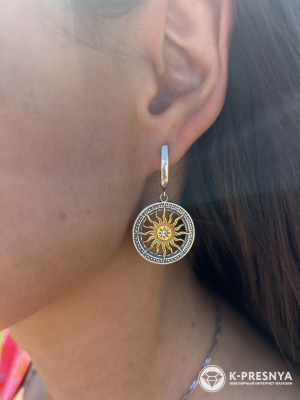 Серьги бижутерия, покрытие - серебрение с оксидированием, выборочное золочение, вставка - стекло ювелирное preciosa