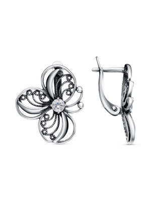 Серьги серебро 925 пробы, покрытие - оксидирование, вставка - фианит (недрагоценный камень)