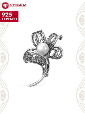 Брошь серебро 925 пробы, покрытие - оксидирование, вставка - культивированный жемчуг