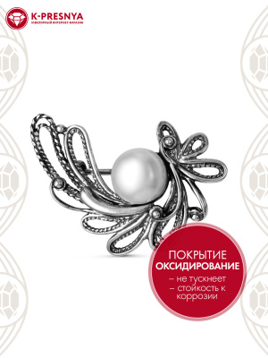 Брошь серебро 925 пробы, покрытие - оксидирование, вставка - культивированный жемчуг