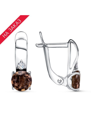 Серьги серебро 925 пробы, покрытие - родирование, вставка - дымчатый кварц, фианит (недрагоценный камень)