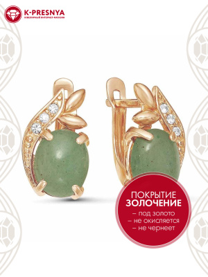 Серьги бижутерия, покрытие - золочение, вставка - искусственный нефрит , стекло ювелирное preciosa
