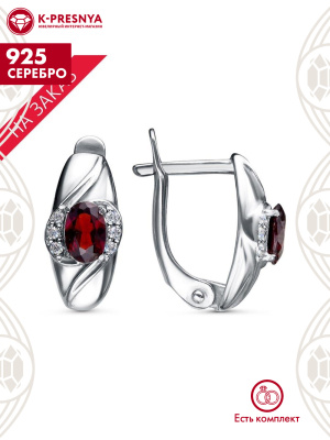 Серьги серебро 925 пробы, покрытие - родирование, вставка - гранат (полудрагоценный камень), фианит (недрагоценный камень)