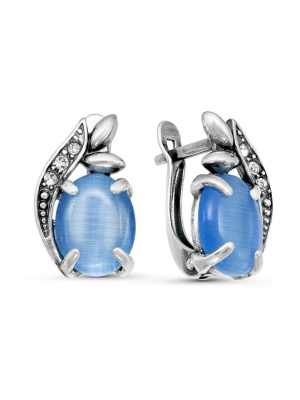 Серьги бижутерия, покрытие - серебрение с оксидированием, вставка - искусственный кошачий глаз , стекло ювелирное preciosa