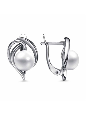 Серьги бижутерия, покрытие - серебрение с оксидированием, вставка - культивированный жемчуг