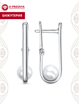 Серьги бижутерия, покрытие - платинирование, вставка - имитация жемчуга