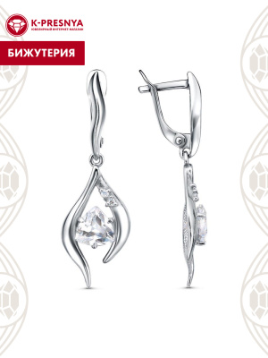 Серьги бижутерия, покрытие - платинирование, вставка - фианит (недрагоценный камень)