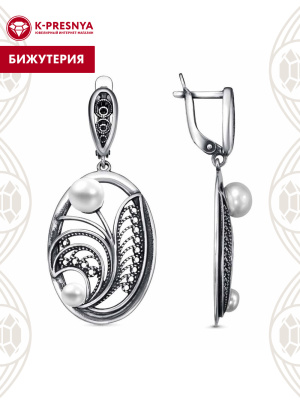 Серьги бижутерия, покрытие - серебрение с оксидированием, вставка - культивированный жемчуг