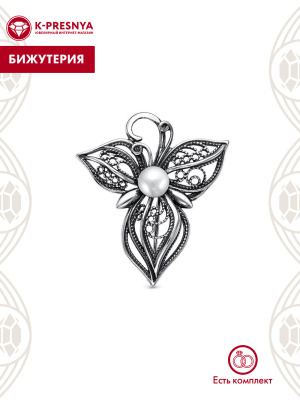Брошь бижутерия, покрытие - серебрение с оксидированием, вставка - культивированный жемчуг