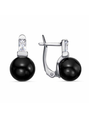 Серьги бижутерия, покрытие - платинирование, вставка - имитация жемчуга, фианит (недрагоценный камень)