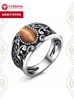 Кольцо бижутерия, покрытие - серебрение с оксидированием, вставка - искусственный кошачий глаз