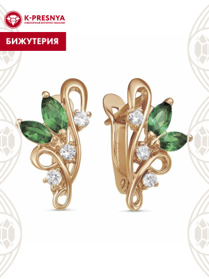 Серьги бижутерия, покрытие - золочение, вставка - искусственная шпинель, фианит (недрагоценный камень)