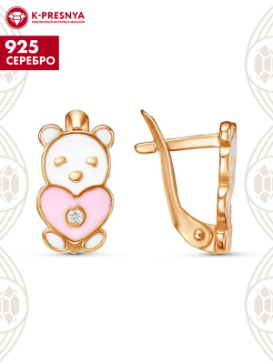 Серьги серебро 925 пробы, покрытие - золочение, отделка - эмаль, вставка - фианит (недрагоценный камень)