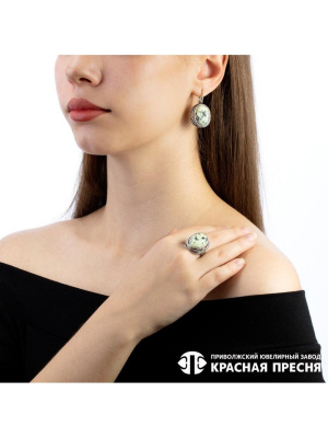 Серьги серебро 925 пробы, покрытие - оксидирование, вставка - змеевик
