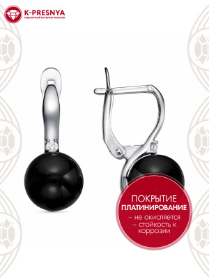 Серьги бижутерия, покрытие - платинирование, вставка - имитация жемчуга, фианит (недрагоценный камень)