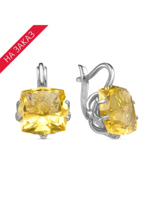Серьги серебро 925 пробы, покрытие - родирование, вставка - искусственный золотистый топаз