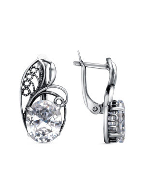 Серьги бижутерия, покрытие - серебрение с оксидированием, вставка - фианит (недрагоценный камень)