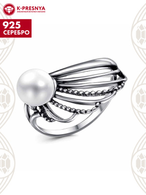 Кольцо серебро 925 пробы, покрытие - оксидирование, вставка - культивированный жемчуг