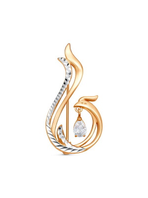 Брошь серебро 925 пробы, покрытие - золочение, отделка - алмазная грань, вставка - фианит (недрагоценный камень)