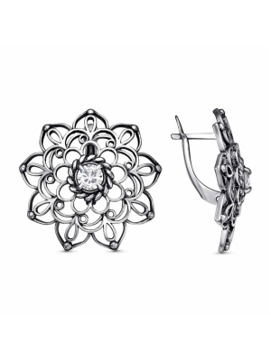 Серьги бижутерия, покрытие - серебрение с оксидированием, вставка - фианит (недрагоценный камень)